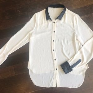 Silky Button Down w/ Leather Accents